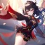 Placeholder: Clear focus,High resolution, black long hair, Vibrant red eyes, Genshin impact inspired outfit, wearing a short skirt, kicking pose