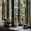 Placeholder: On the old, black and striped window sills of the house, some magnificent mirrors can be seen.