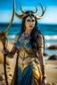 Placeholder: A picture of a persian goddess with painted blue skin, black hair, deer antlers, elven ears, golden skirt, holding a bow on a sunny beach