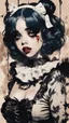 Placeholder: Poster in two gradually, a one side malevolent goth vampire girl face and other side the Singer Melanie Martinez face, full body, painting by Yoji Shinkawa, darkblue and sepia tones,