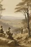 Placeholder: Looking over a valley in the Anglo boer war where boer soldiers are lying in wait for a column brittish soldiers walking in columns with trees overlooking