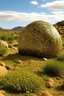 Placeholder: A brown savanna with block shaped rocks designed in Mehndi design painted by Claude Monet