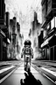 Placeholder: picture from a black and white line art cityscape. In the middle a color step transition photo of a little girl walking in space suit on the street, enhancing the contrast between her 3db texture and the black and white line cityscape, high digital illustration, cinematic