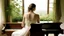 Placeholder: Caucasian woman with his back turned, seated on a wooden chair, wearing a white off-shoulder dress, in a room with a brown wooden piano and a green plant on top, near a window with a view of a green landscape