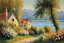 Placeholder: Sunny day, mountains, river, distant house, flowers, trees, claude monet and friedrich eckenfelder impressionism paintings