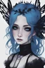 Placeholder: blue hair and black clothes goth fairy; black wings; snow on the ground at night