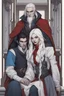 Placeholder: A couple, from the dnd game curse of Strahd. The woman has long white hair and blue eyes, the man has LONG BLACK hair and red eyes, no facial hair.