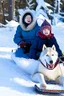 Placeholder: niño y niña viajan en un trineo tirado por un husky