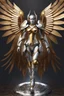 Placeholder: Photo Realistic, Full body Lady Angel cyborg straddle wings, using traditional armor,detailed, intricate,gears cogs cables wires circuits, gold silver chrome copper,abstract background