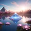 Placeholder: hyper realistic large Cristal etheric glowing blue Starship with white light beam towards a lake below, in the blue sky at sunrise, in the ground severals big light pyramides with light beams pointing towards the sky, many big pink lotus flowers in the ground, intricate textures, 8k resolution, volumetric lighting, ray-tracing, depth-of-field, specular highlights, subsurface scattering, multi-layered materials.