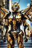 Placeholder: Android concept ,full body photo realistic, golden ratio, symmetric,warrior angel, mecha, transformer, metallic shiny armour , curcuits, leds, weapons on forearms, intricately detailed, ray tracing, octane render, walk on city street