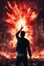 Placeholder: Young man standing, with arms raised, in front of an exploding building at night, with red auras around him