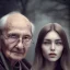 Placeholder: a woman sitting next to a older man, portrait, 8K, close-up face, anatomically perfect face, Highly detailed stunning full frame portrait, misty and cloudy atmosphere