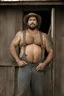 Placeholder: 1970's half figure photography of a burly overweight muscular brazilian farmer 39 years old, sweat, short curly hair, short beard, manly chest, tattoo, hand on the fap, shirtless with dirty overalls, on the door of a large barn, under the sun