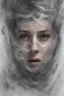 Placeholder: A realistic , 8k high quality image of a person's face from above, face is covered with a plastic, can't breath, suffocating with the face showing like vacuumed under the plastic, eyes open and looking in fear, metaphorically depicting the suffocating grip of anxiety, gothic and dramatic, chaos80 , with debree flying around, abstract