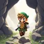 Placeholder: Male Fantasy RPG character, chaabi kawaii mario proportions, lord of the rings inspiration, with a coin held out in front, in a bounding run out from behind a large rock), isometric game