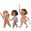 Placeholder: children joyfully walking. Left most child is carrying a parade leader's staff wrapped in ribbon. Right most child is holding drumsticks. improve quality but maintain style.