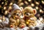 Placeholder: cute teddy bears holding hearts covered in sparkling gold glitter, beautiful winter composition, snowflakes, pine branches, Christmas ornaments and glowing Christmas lights