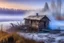 Placeholder: an old dilapidated hut on the lake shore, next to the forest, severe frost, frost, 4K, high resolution, high detail, 300 mm, f/10.0, 1/1600 ms, HDR+, fantasy, wide range. blue, purple, purple ochre, airy, clouds of smoke, fabulous white landscape, 3D, 16k, surrealism, detailed drawing of details, clear outline, stardust, silk threads, blue, white, lilac, neon, color illustration,, Catherine Welz Stein