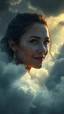 Placeholder: A beautiful eyes of a woman’s smiling? with a long earring above swirling clouds, emerges from the heart of a raging storm. Turbulent winds of steam swirl around the louds lit by shafts of sunlight that cast dramatic shadows on the A beautiful woman High quality 16k cinematic scene and great photography