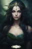 Placeholder: Dark green Water lilies Dark curls long hair Dark Fairy princess rapunzel hair queen crown dragonflies fireflies elven tiara flowers fairy wings saphire