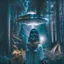 Placeholder: photo of a young woman in a dark forest looking at a UFO in the sky dark tones