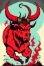 Placeholder: Vintage illustration of a demonic and magical brutal and angry bull made of red flames and fire, savage and obstreperous nature, Tsuguyuki Kubo art, Topcraft, vintage storybook illustration style, ornamental, fantasy folk art, psychedelic theme, inspires by 70s Japanese anime, early Studio Ghibli, fantasy animation cartoon, last unicorn