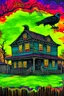 Placeholder: a psychedelic painting of a haunted house, a crow in the foreground