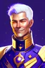 Placeholder: galactic man white grey short haired deep purple eyes smile emperor of sky command of vessel blue gold orange uniform