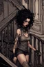 Placeholder: scarred cyberpunk vampire girl with tribal tattoos short curly dark cyberpunk hair descending the staircase in decaying dark mansion on fire