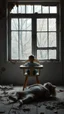 Placeholder: A baby sitting on baby’s eating chair in front of a big window in an abandoned damaged room , a cat out side the window looking at him , the baby’s mom is lying on the front dead