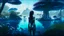 Placeholder: detailed matte painting of a wide-angle shot of a woman standing on the right-hand side of an alien beach, with dark hair in a silver robotic catsuit, many floating mushrooms with jellyfish tentacles, alien jungle trees in the distance, deep colour