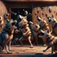 Placeholder: A group of anthropomorphic wolves react in surprise as one large hammer flies in the air against the wall of the wooden building. in the background other anthropomorphic wolves watch the scene unfold with expressions of shock and with surprise faces. one young anthropomorphic wolf in bodyhair stands in the foreground held up empty two paws, high realistic, detailed,dark fantasy mood, rain, cinematic