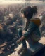 Placeholder: “ girl sitting on a roof looking down at a city below, extremely detailed