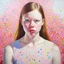 Placeholder: Pointillism painting of Mia goth, Cotton candy dress,rosy cheeks