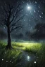 Placeholder: raindrops at night , moonlight, trees, grass
