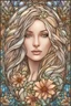 Placeholder: stained glass window design of an overwhelmingly beautiful woman face framed with vector flowers, long shiny, wavy flowing hair, polished, ultra-detailed vector floral illustration mixed with hyper realism, muted pastel colours, vector floral details in the background, muted colours, hyper-detailed ultra intricate overwhelming realism in a detailed complex scene with magical fantasy atmosphere, no signature, no watermark