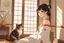 Placeholder: ukiyo-e, 3D characters, an elegant pretty young woman in an elegant beige-white-brown room S<AI in sunshine, cute tabby cat