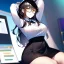 Placeholder: Clear focus, 8k, high quality, detailed, beautiful lighting, girl, vibrant colors, black long hair, vibrant golden eyes, office clothes, glasses, messy hair, sitting stretching, arms above head,