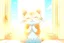 Placeholder: cute chibi thankful cat praying in an icy room in sunshine