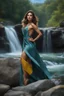 Placeholder: full shot body photo of the most beautiful artwork in the world featuring model, happy mood, High Detail, dramatic, photo realistic, ultra sharp, ultra hd, hyper realistic, ultra realistic, ((((dress)))), trending on artstation, sharp focus, studio photo, intricate details, highly detailed, standing in nice pose in country side with river ,water fall ,rocky valley,mountains at background, pretty clouds