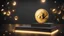 Placeholder: A gold bitcoin on a golden podium, dark background with glow. Btc Digital Cryptocurrency, Technology crypto currency concept with copyspace for text