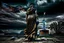 Placeholder: the statue of liberty, dress dirty and torn, her face solemn and terse, trash littered at her feet, she holds a crumpled american flag, she walks away with back turned under a dark and dreary sky, wide angle