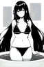 Placeholder: bikini long hair thin girl in termal pool, greyscale, screen tones