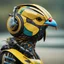 Placeholder: a close up of a bird wearing a helmet, by Robert Combas, digital art, brazil, robotic body, with head phones, highly realistic photography, multicoloured, benjamin vnuk, brazilian, full - body art, yellow beak, jingna zhang, nvidia ai, bionics, hybrid animal, wires. biopunk, shot with Sony Alpha a9 Il and Sony FE 200-600mm f/5.6-6.3 G OSS lens, natural light, hyper realistic photograph, ultra detailed -ar 3:2 -q 2 -s 750