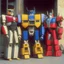 Placeholder: Optimus prime, bumblebee and ratchet in the line for theater in 1990, sitcom style tv show.