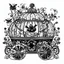 Placeholder: Make black and white cute drawing of a Pumpkin Carriage with black bold lines. Only outline, no grayscale. A large, glowing pumpkin transformed into a whimsical carriage with wheels made of vines and a golden roof. Include a cute mouse driver or magical sparkles surrounding the carriage.