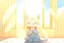 Placeholder: cute chibi thankful cat praying in an icy room in sunshine