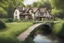 Placeholder: a beautiful country house, next to a small river with a bridge,