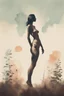 Placeholder: A minimalist, with a vintage twist, featuring a sleek and stylized unclad woman body silhouette against a faded, women body is painting about nature, awosome, bright.